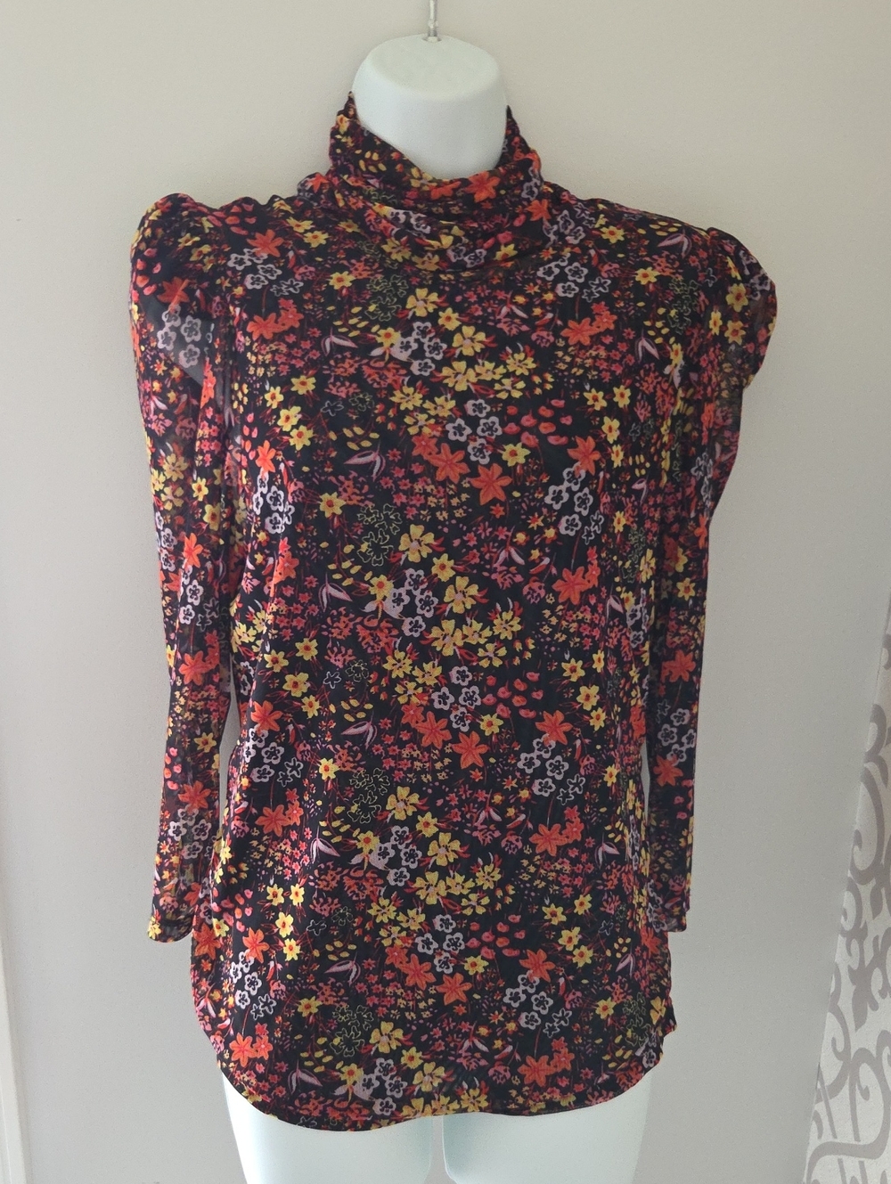 Floral Turtleneck Long-Sleeve Top - Black with Red & Yellow Floral Print